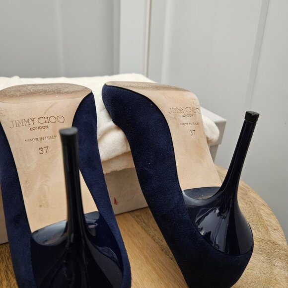 Jimmy Choo Agnes Suede Navy Heels, Sz 37 - Box & Dust Bag - Picture 8 of 13